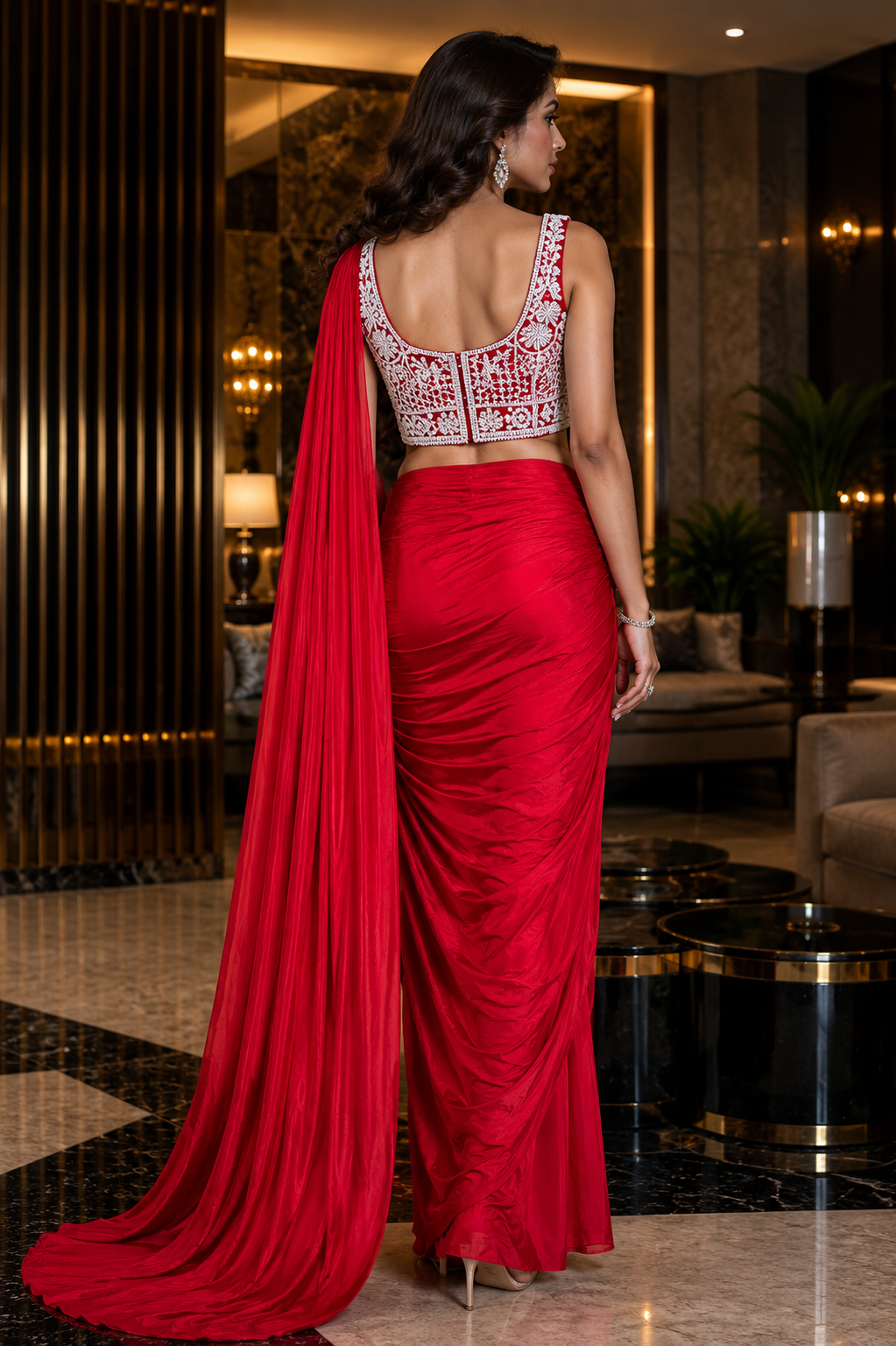 Scarlet Embroidered Ready-to-Wear Saree with Pre-stitched Blouse