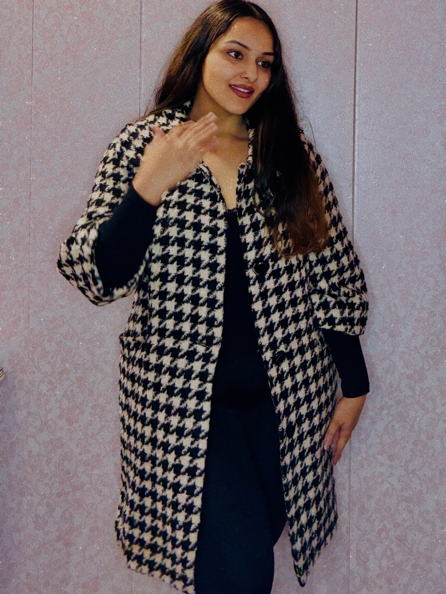 Classic Houndstooth Longline Winter Coat