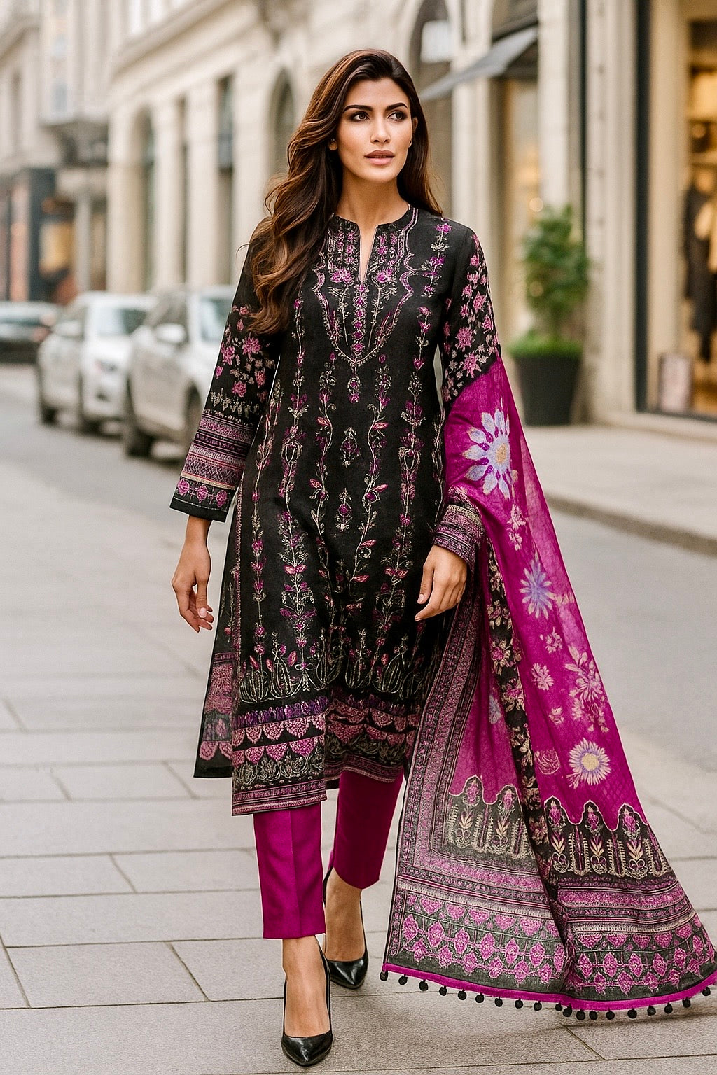 Sunehri Magenta Noir | Lawn Cotton Pakistani Suit Set