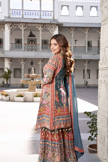 Aarvi Teal Mughal Printed Sharara Set