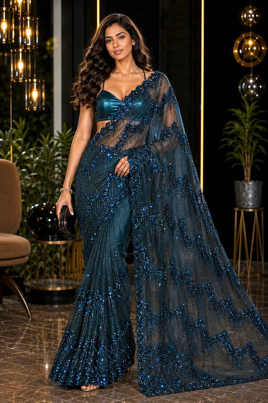 Midnight Pyramid Embellished Net Saree