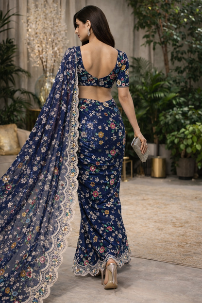 Midnight Garden Embroidered Net Saree