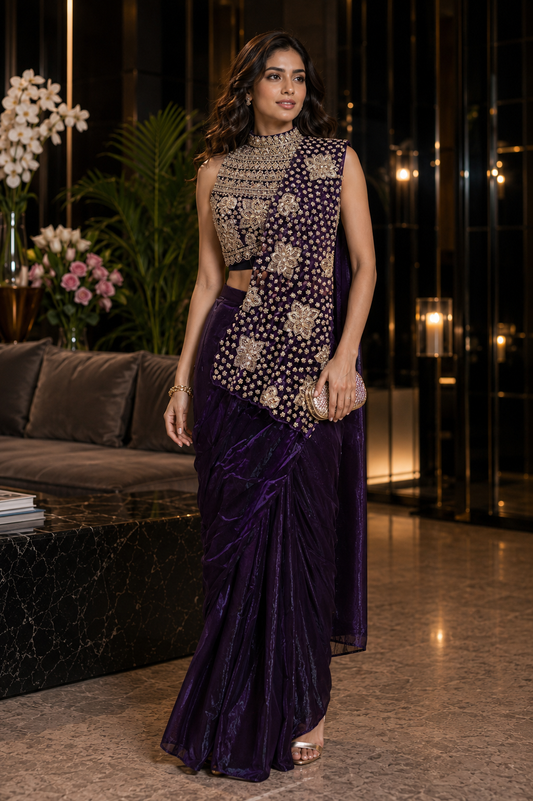 Midnight Amethyst Ready-to-Wear Satin Saree with Pre-stitched Designer Blouse
