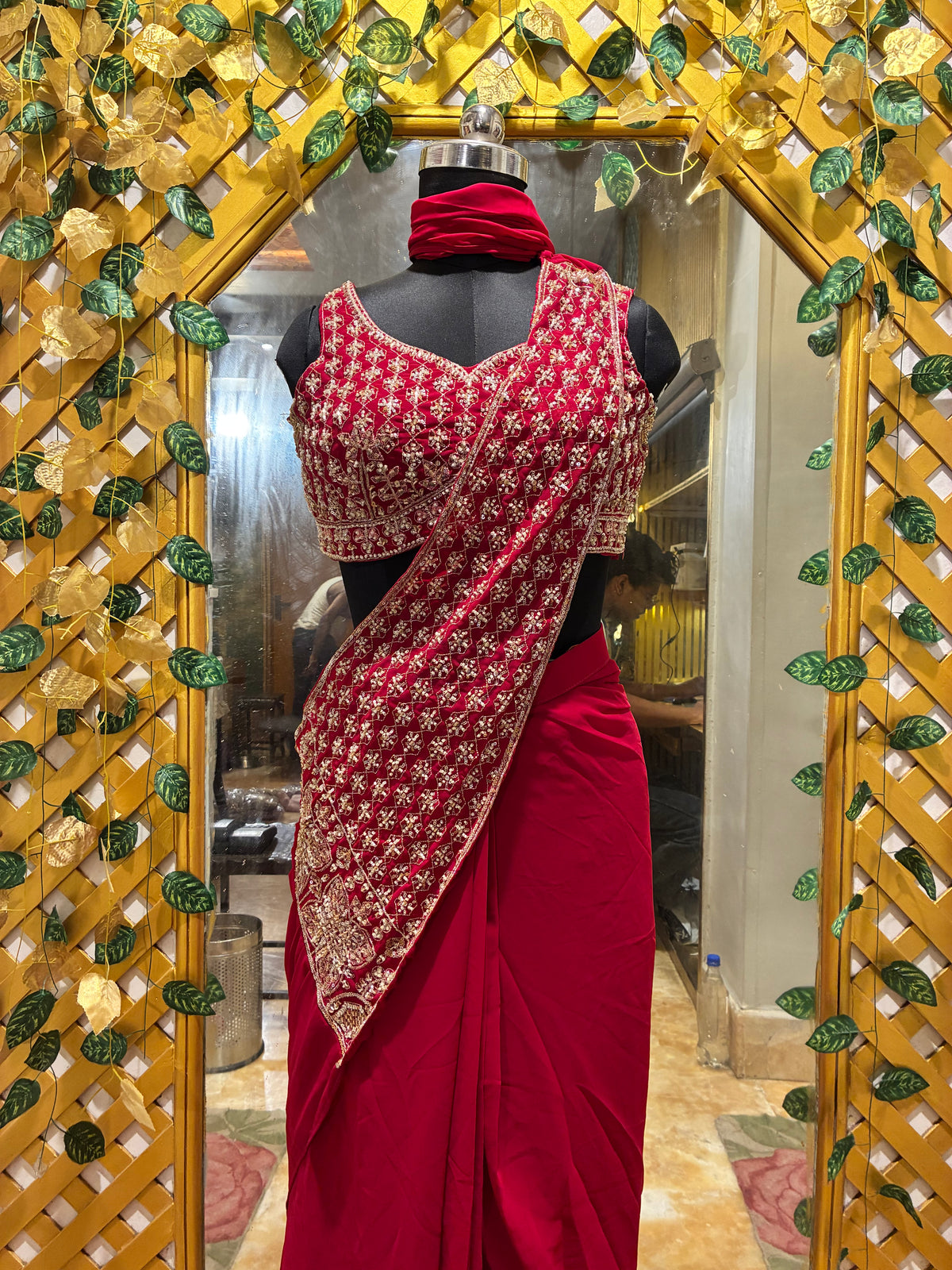 Crimson Embroidered Ready-to-Wear Saree with Stitched Blouse