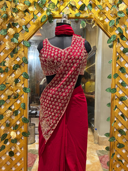 Crimson Embroidered Ready-to-Wear Saree with Stitched Blouse