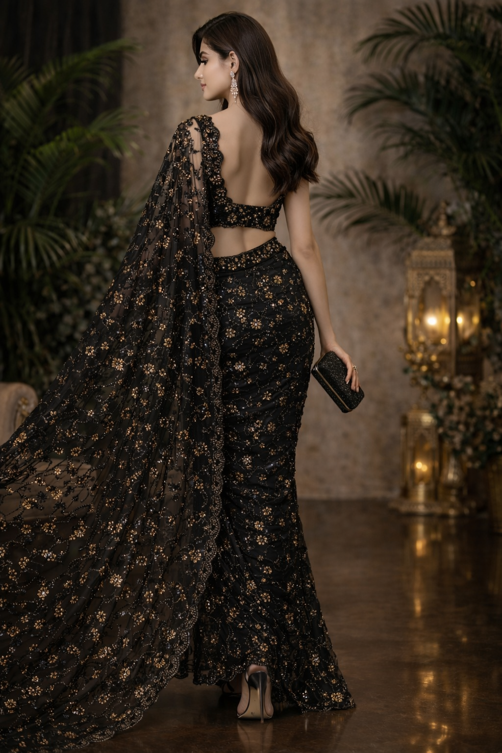 Midnight Bloom Luxe Net Saree