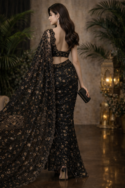 Midnight Bloom Luxe Net Saree