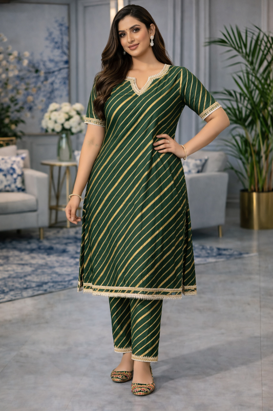 Emerald Stripe Khadi Print Kurta Set