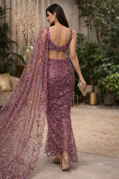 Rosewood Plum Luxe Net Saree