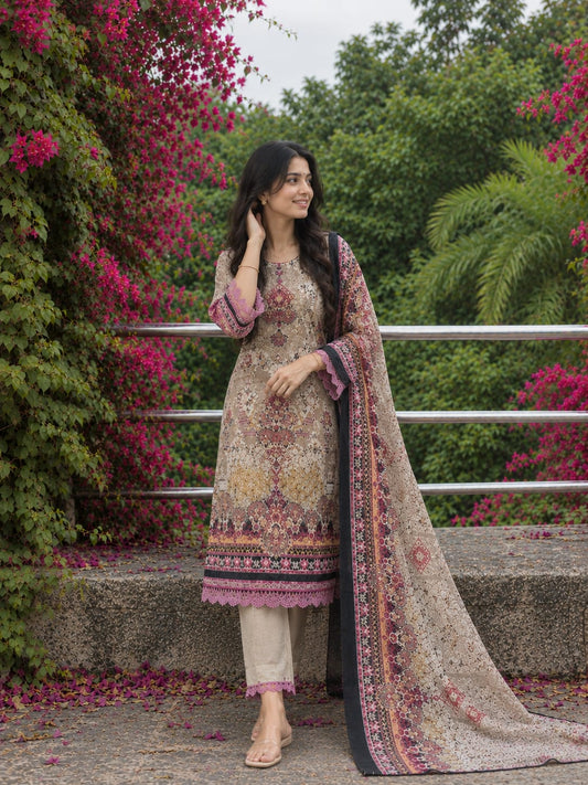 Haya Beige Elegance | Lawn Cotton Pakistani Suit Set
