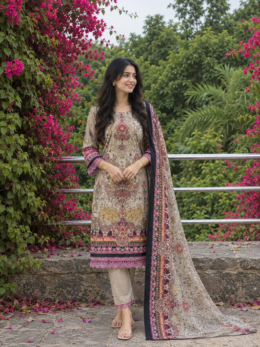 Haya Beige Elegance | Lawn Cotton Pakistani Suit Set