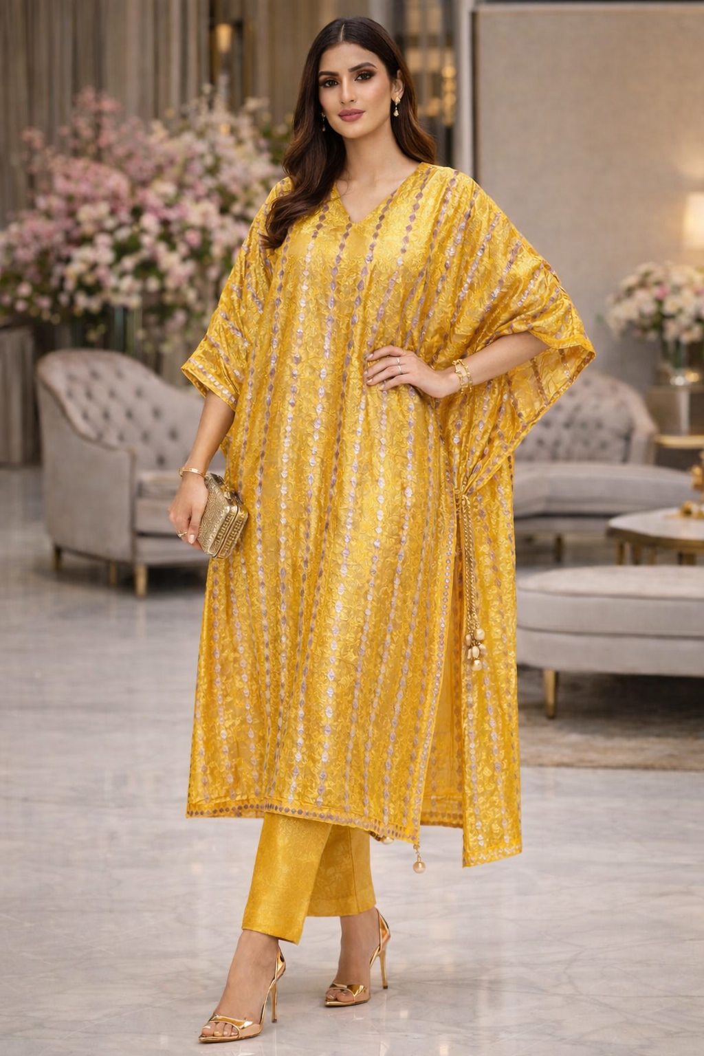Zarmina Sequin Striped Organza Kaftan Set