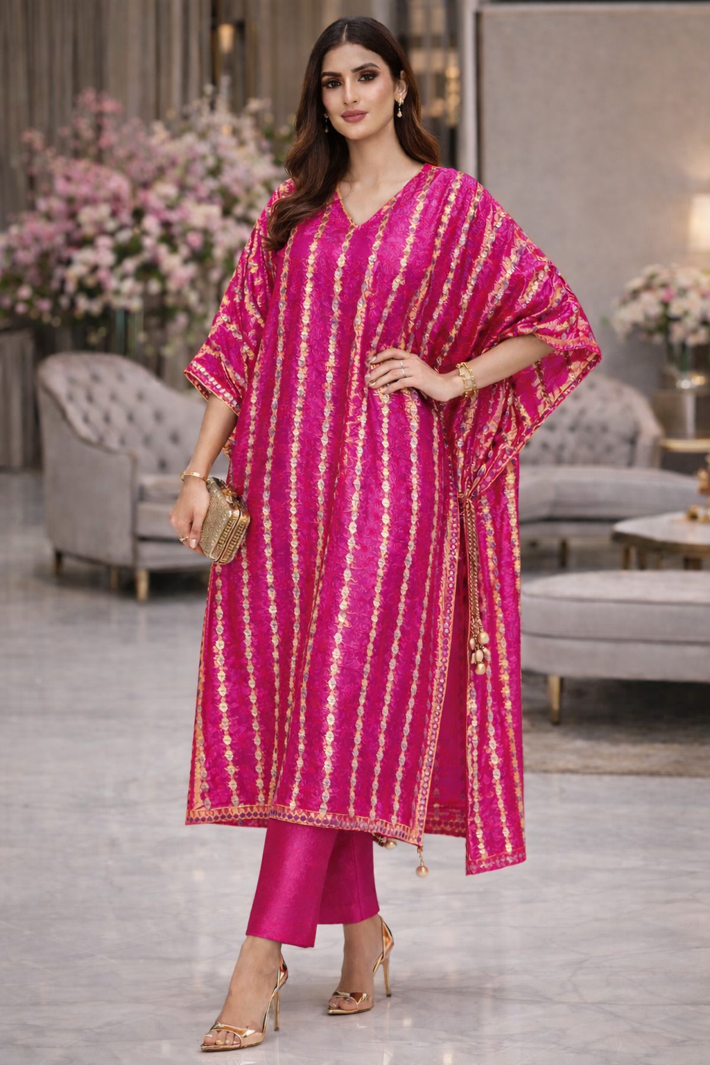 Zarmina Sequin Striped Organza Kaftan Set