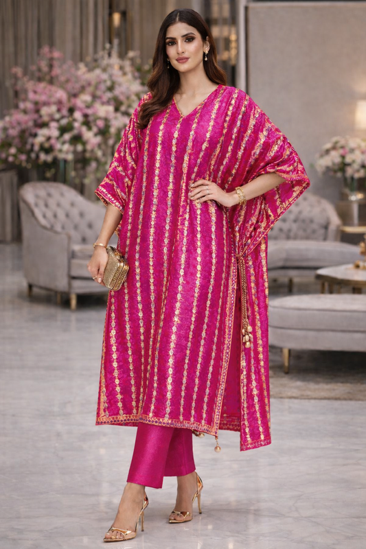 Zarmina Sequin Striped Organza Kaftan Set