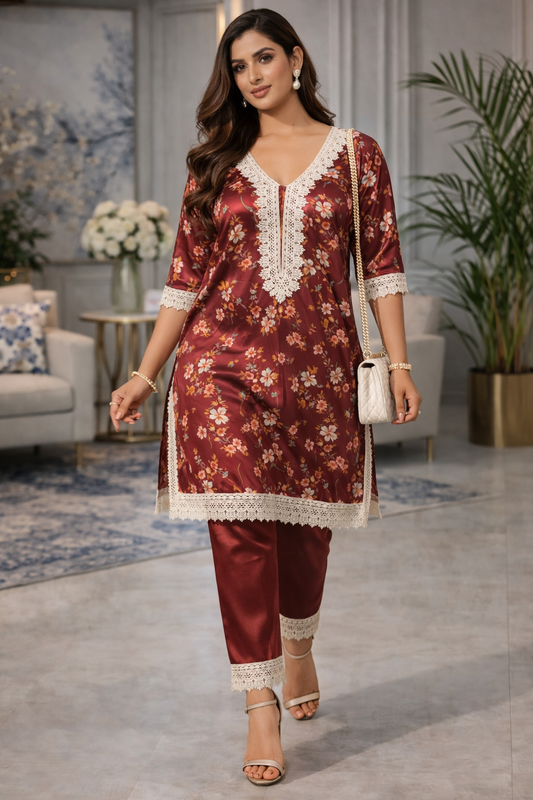Crimson Lace Cotton Rayon Co-ord Set