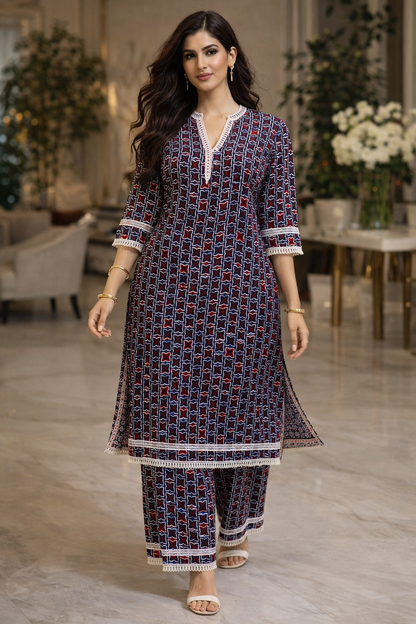 Indigo Bloom Cotton Kurta Set