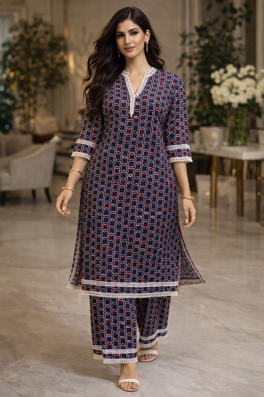 Indigo Bloom Cotton Kurta Set