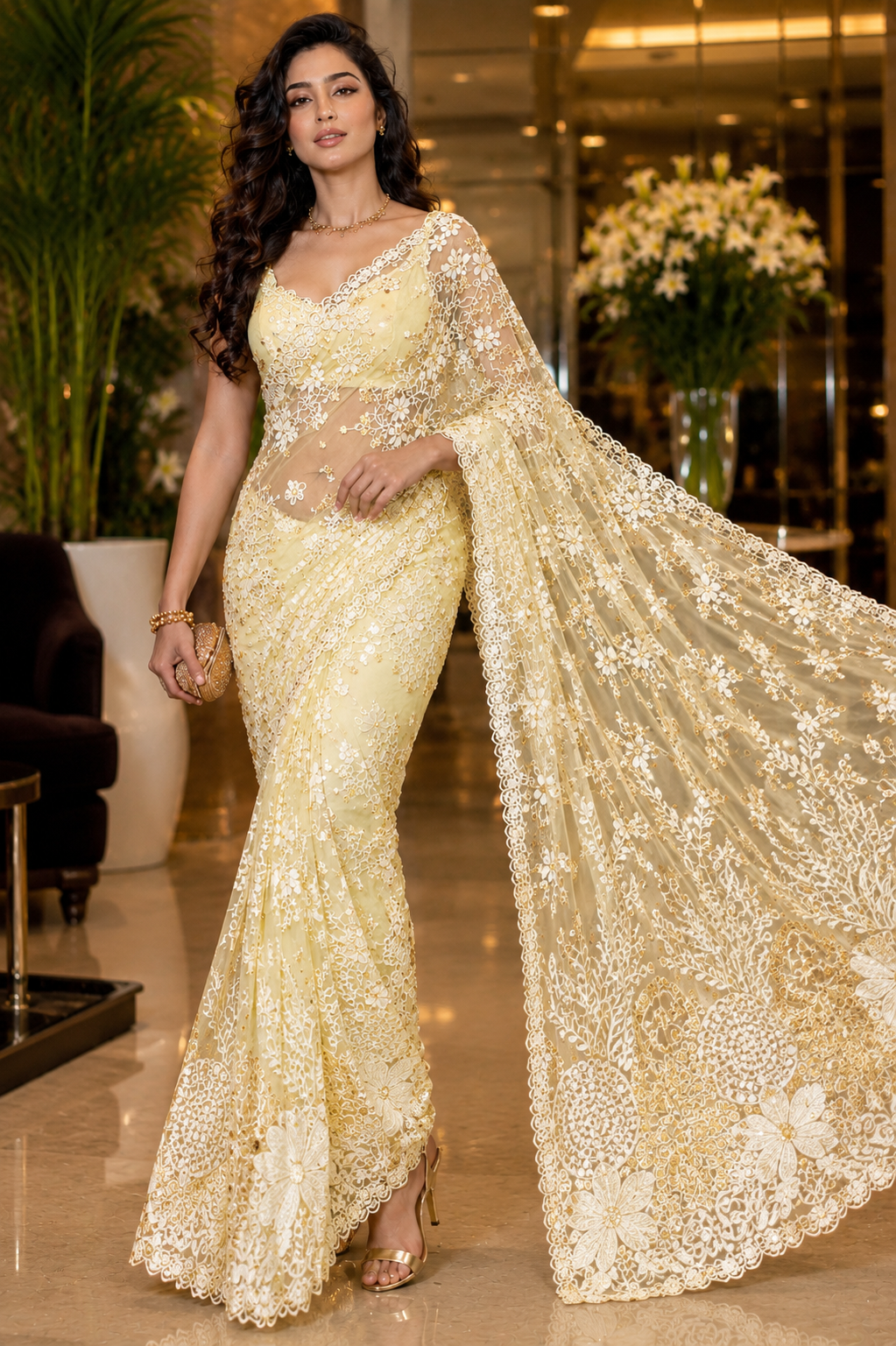 Lime Veil Net Saree