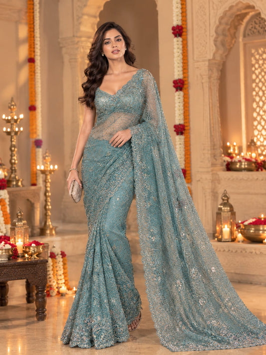 Frosted Bloom Luxe Net Saree