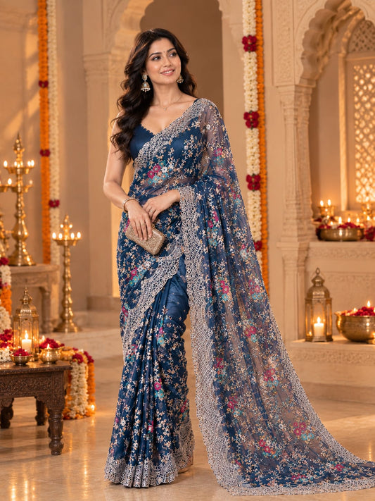 Midnight Sky Embroidered Net Saree