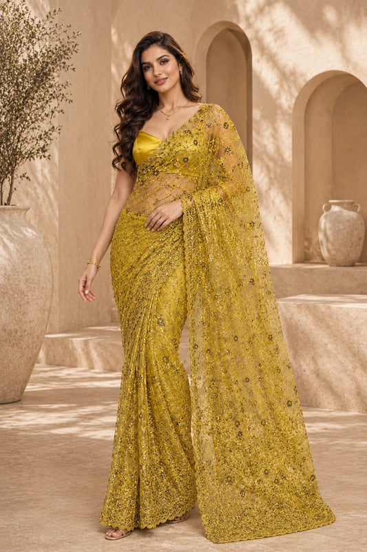 Sequenced Golden Net Saree