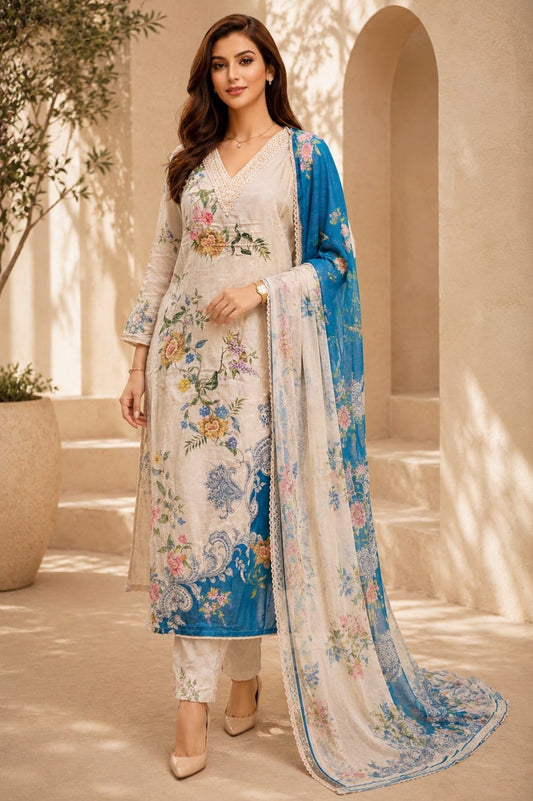 Azure Bloom Mulmul Suit Set
