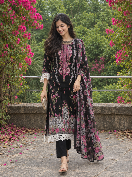 Aafreen Rosewood Noir | Lawn Cotton Pakistani Suit Set