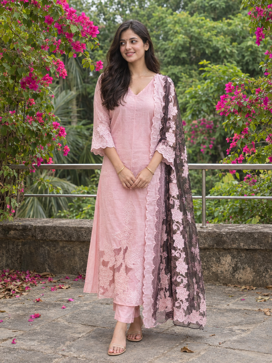 Petal Whisper Patchwork Mulmul Suit Set