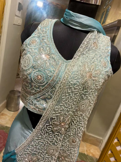 Powder Blue Royale Ready-to-Wear Satin Saree with Pre-stitched Designer Blouse