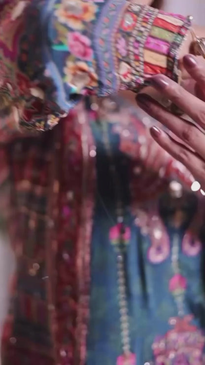 Aarvi Teal Mughal Printed Sharara Set