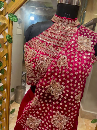 Ruby Royale Ready-to-Wear Satin Saree with Pre-stitched Designer Blouse